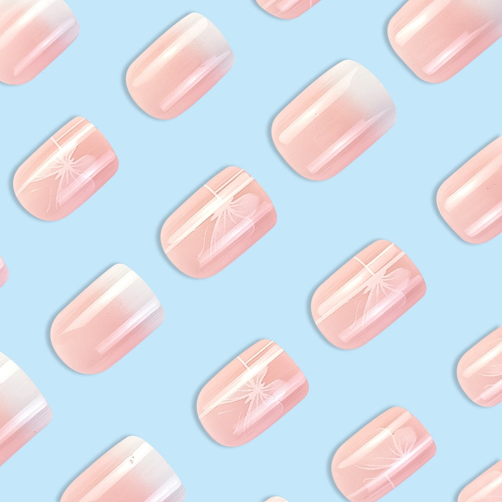 24 pièces Short Square Rose Jelly Nail Polonais avec Gradient Butterfly Design Nail Set. Suita