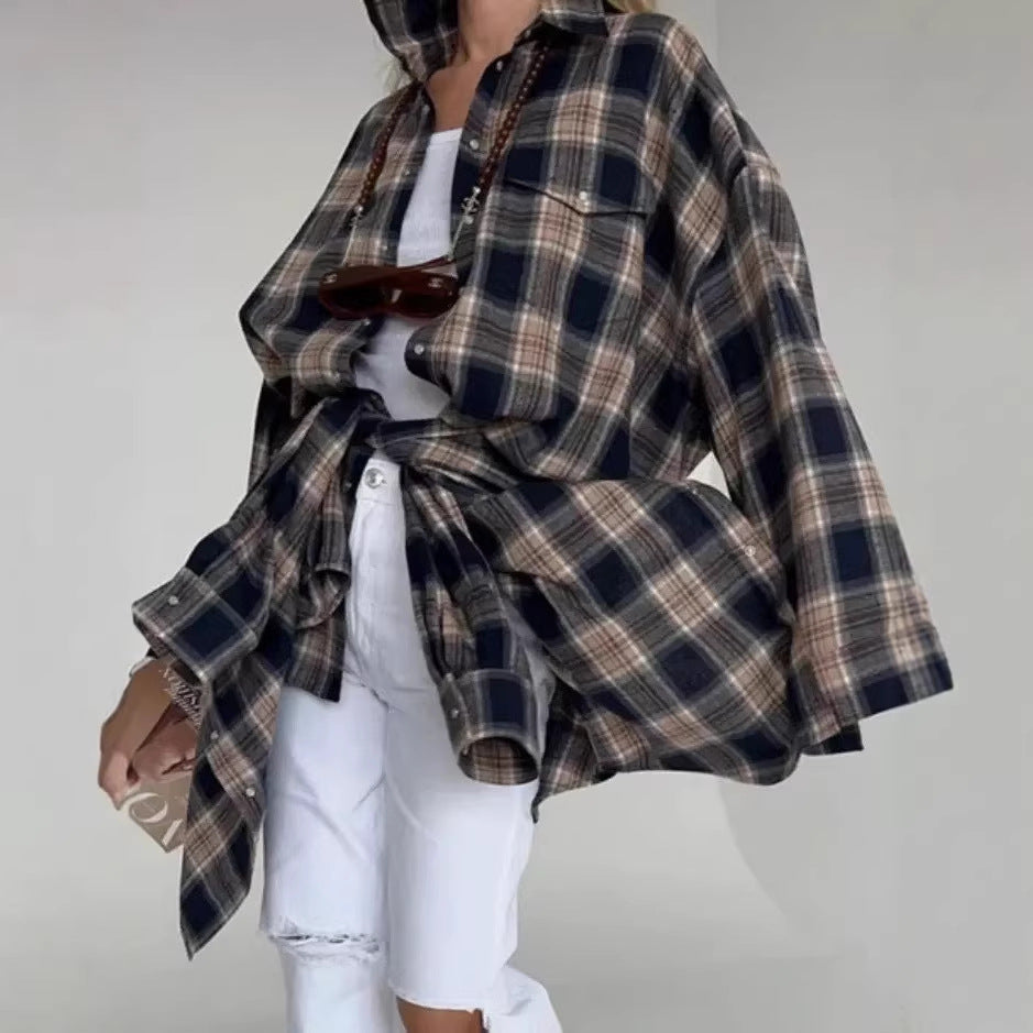 Chemise pour femme d'Amazon Ozon Style rétro enroulé Printemps Automne Hiver Plaid Poche à manches longues