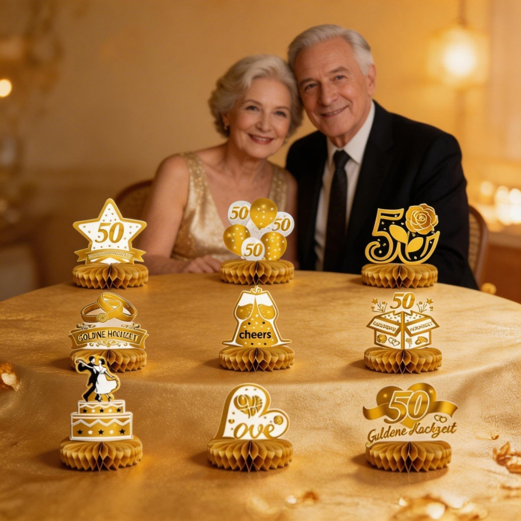 Décorations d'anniversaire de mariage d'or 50e - Ensemble de décoration en nid d'abeille couleur or pour Fe