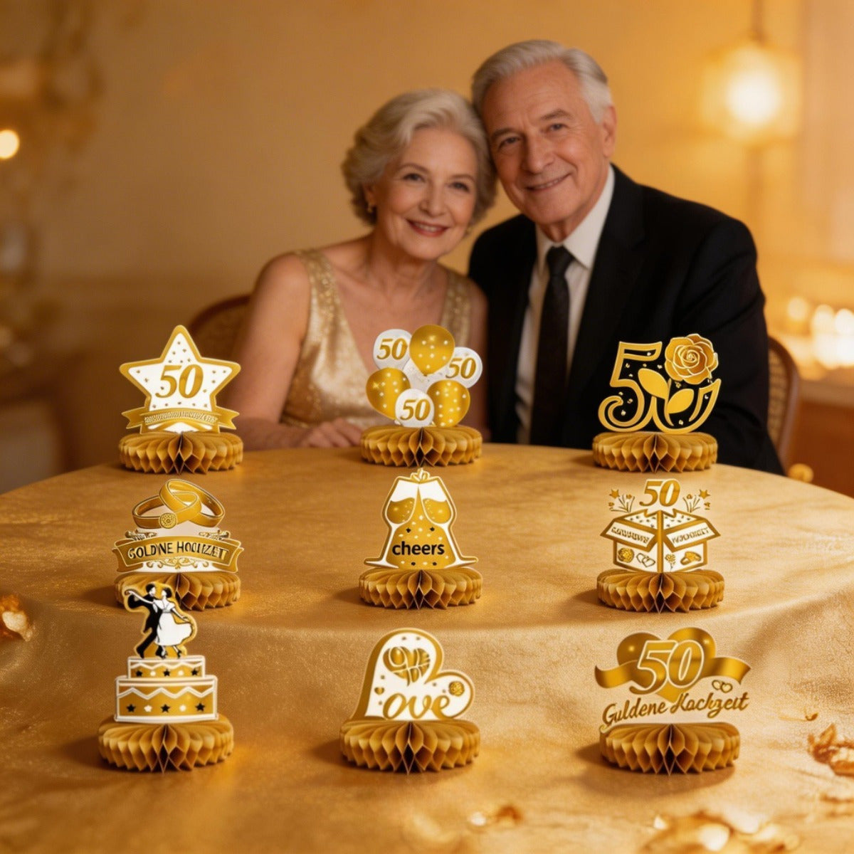 Décorations d'anniversaire de mariage d'or 50e - Ensemble de décoration en nid d'abeille couleur or pour Fe