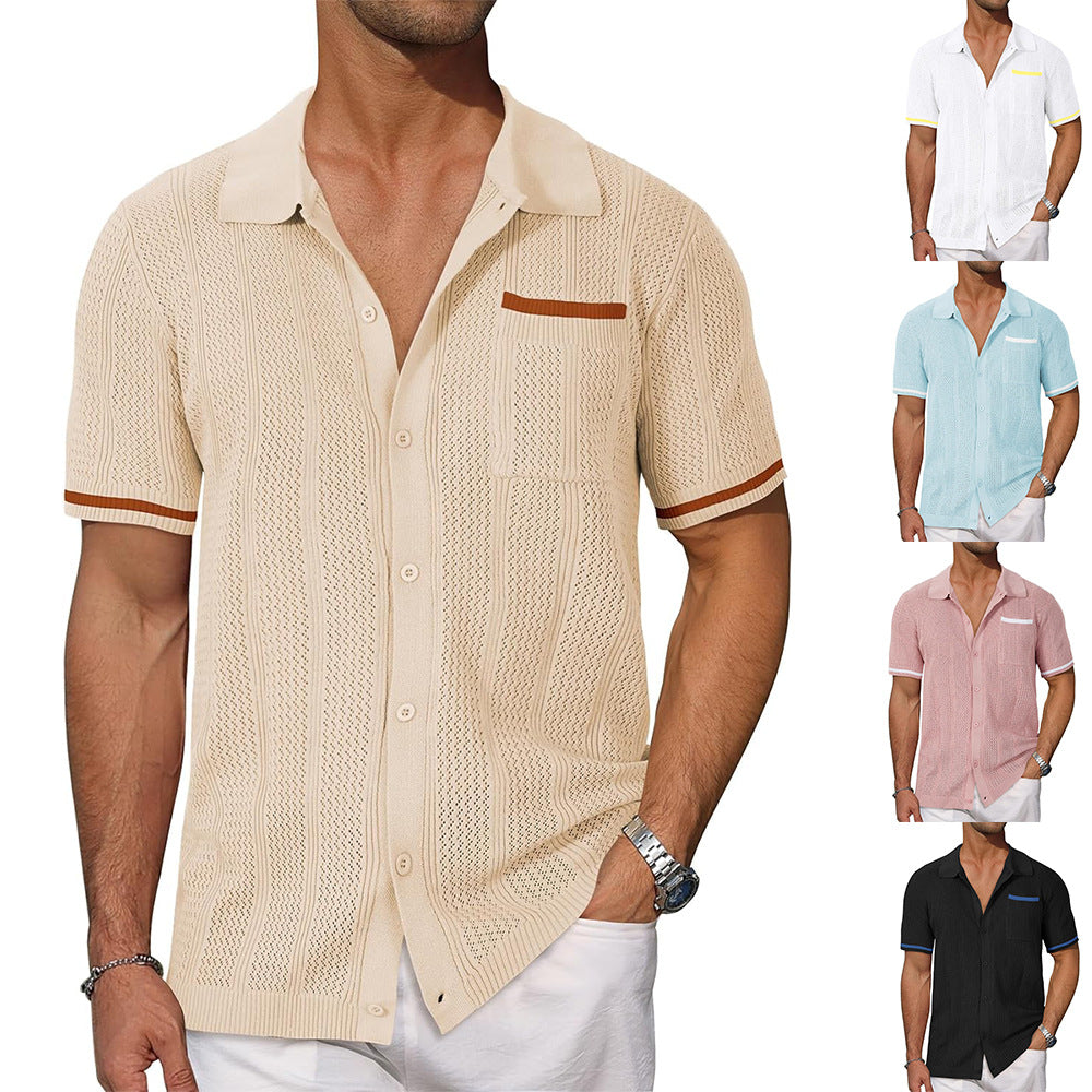 Chemise à manches courtes Poche Hollow Respirant Cool Summer Veste Casual Homme Cardigan