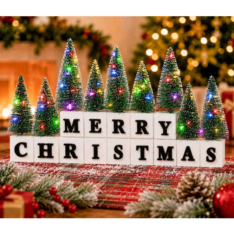 Décor de table de Noël avec mini arbres lumineux multicolores et lettres 3D en bois Noël S