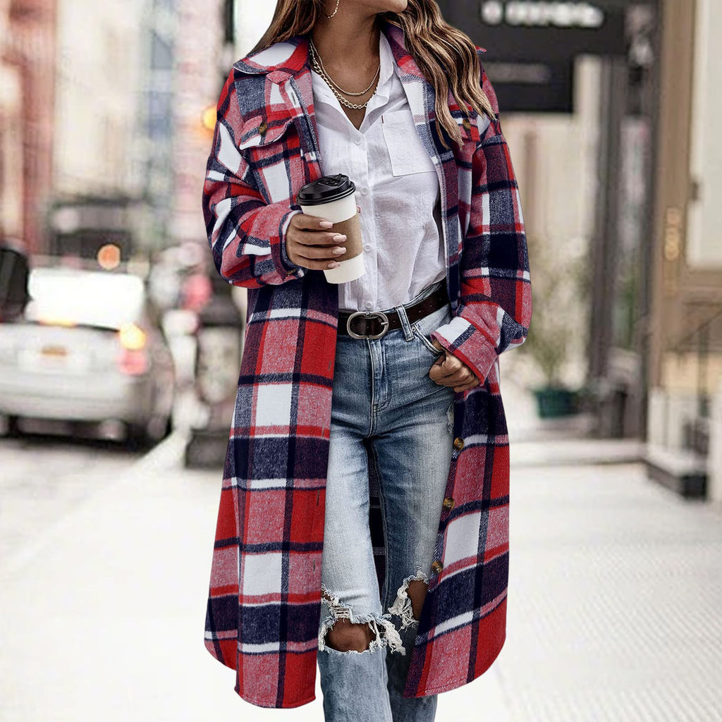 AutomneHiver Lapel Drop-Shoulder Casual Plaid Shirt avec poches de patch