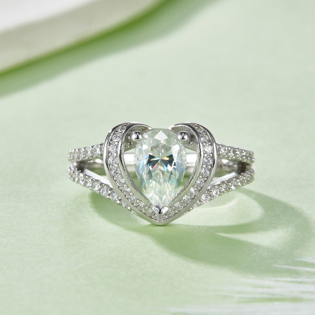 S925 Argent Sterling 1ct Boucle de coeur Moissanite Anneau