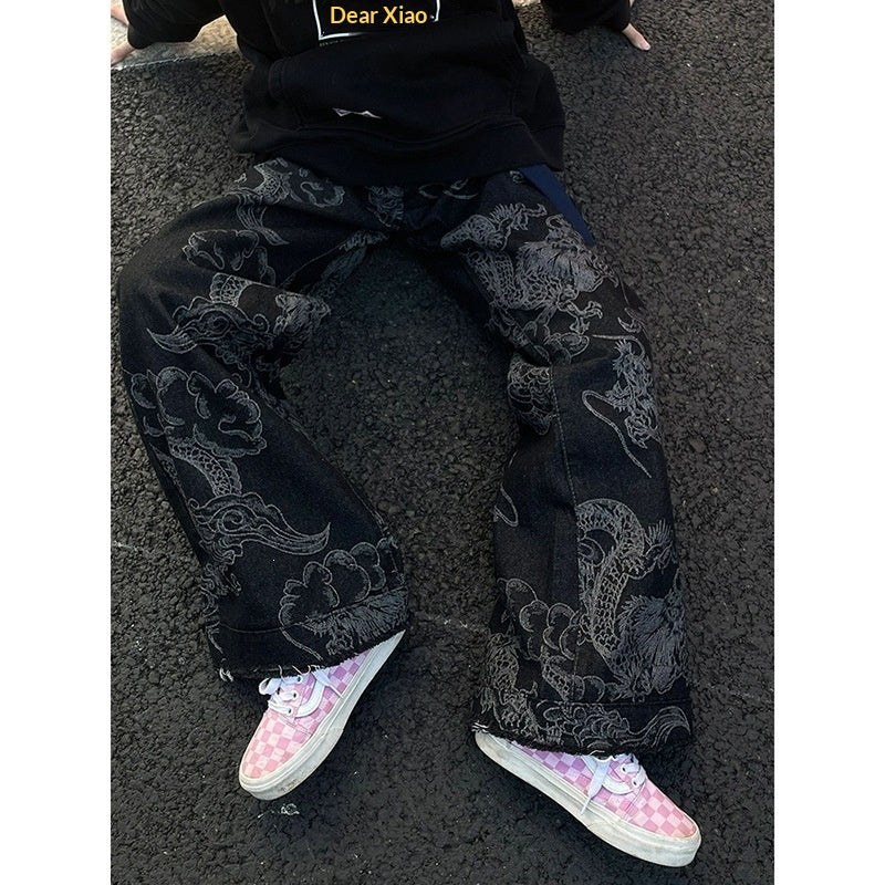 Style américain Vintage Edgy Dragon-print Slimming Large-leg Denim Pantalons