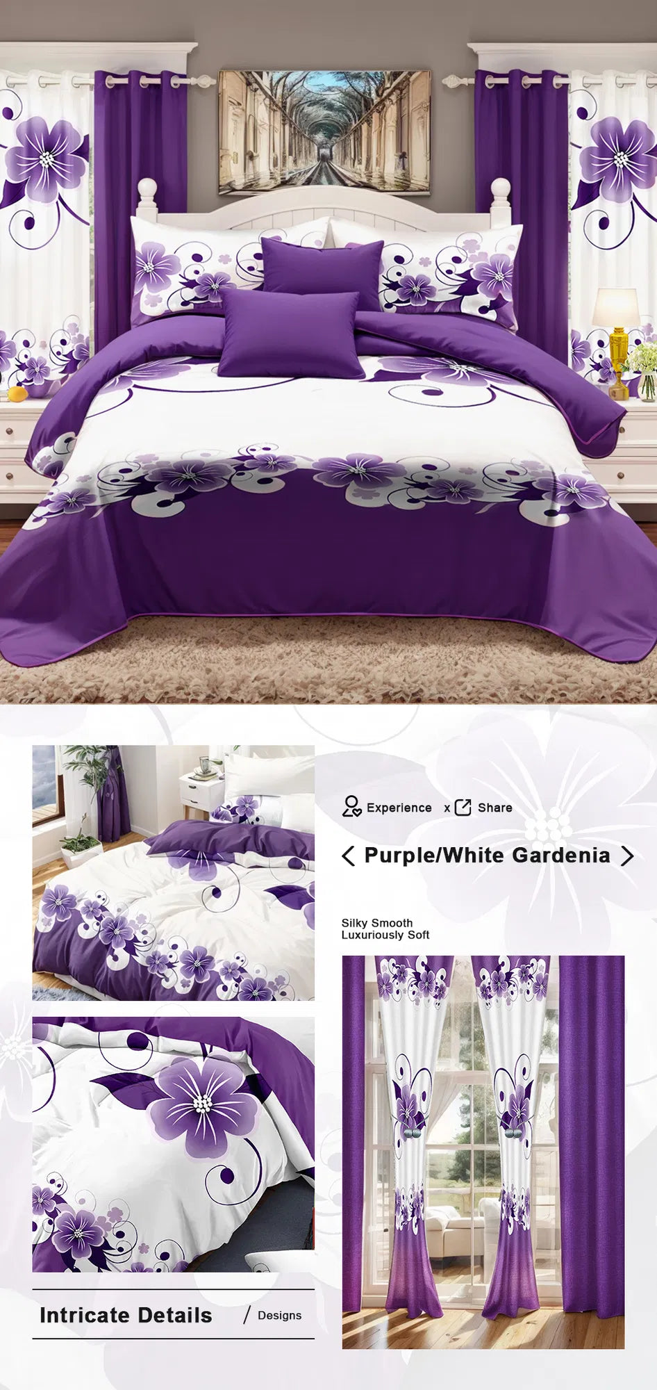 Ensemble de lit et de rideau floral pour 9 pieces (Queen/King/Cal King) - Lit en microfibre matelassé