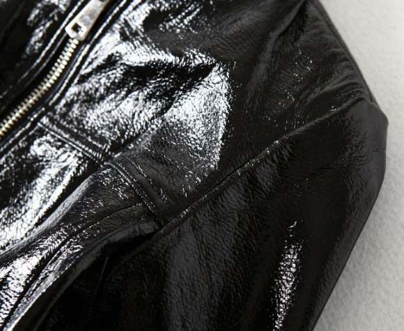 Veste noire en cuir brillant PU courte moto en cuir Veste femme