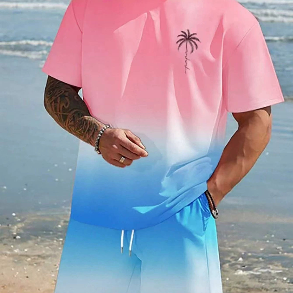 Summer Hot-Selling Gradient Coconut Tree Beach Chic Imprimer Vêtements pour hommes
