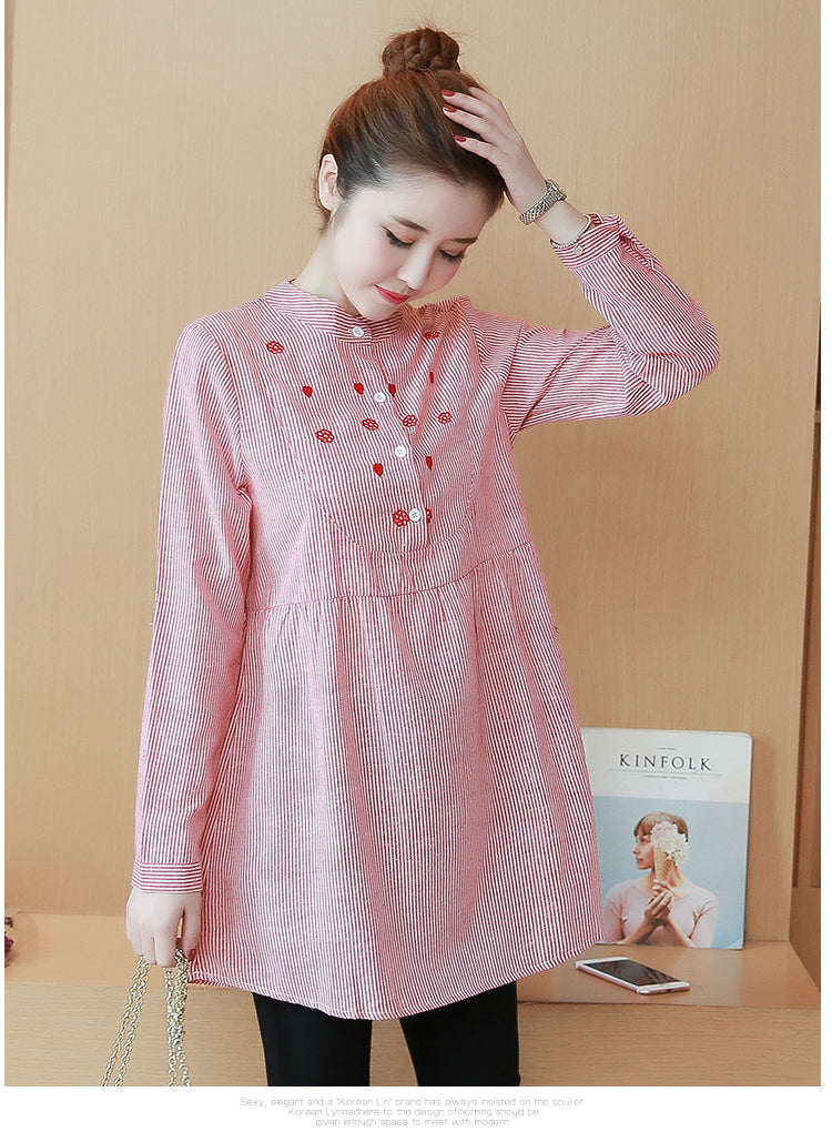 Robe de maternité Collier debout Broderie rayée Top de grossesse