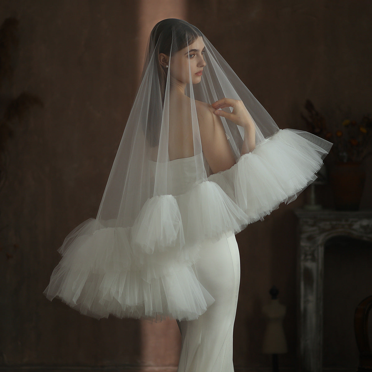 Industrie lourde Ruffled mariée Veil blanc Double couche Studio Voyage Photo extérieure Puffy S