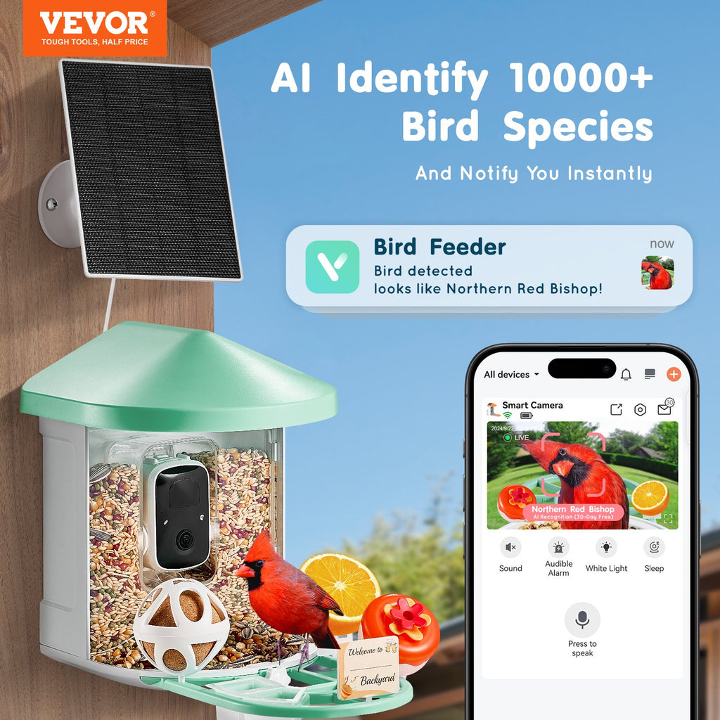 VEVOR Smart Bird Feeder avec caméra 2K HD AI Identifier les espèces d'oiseaux Capture automatique