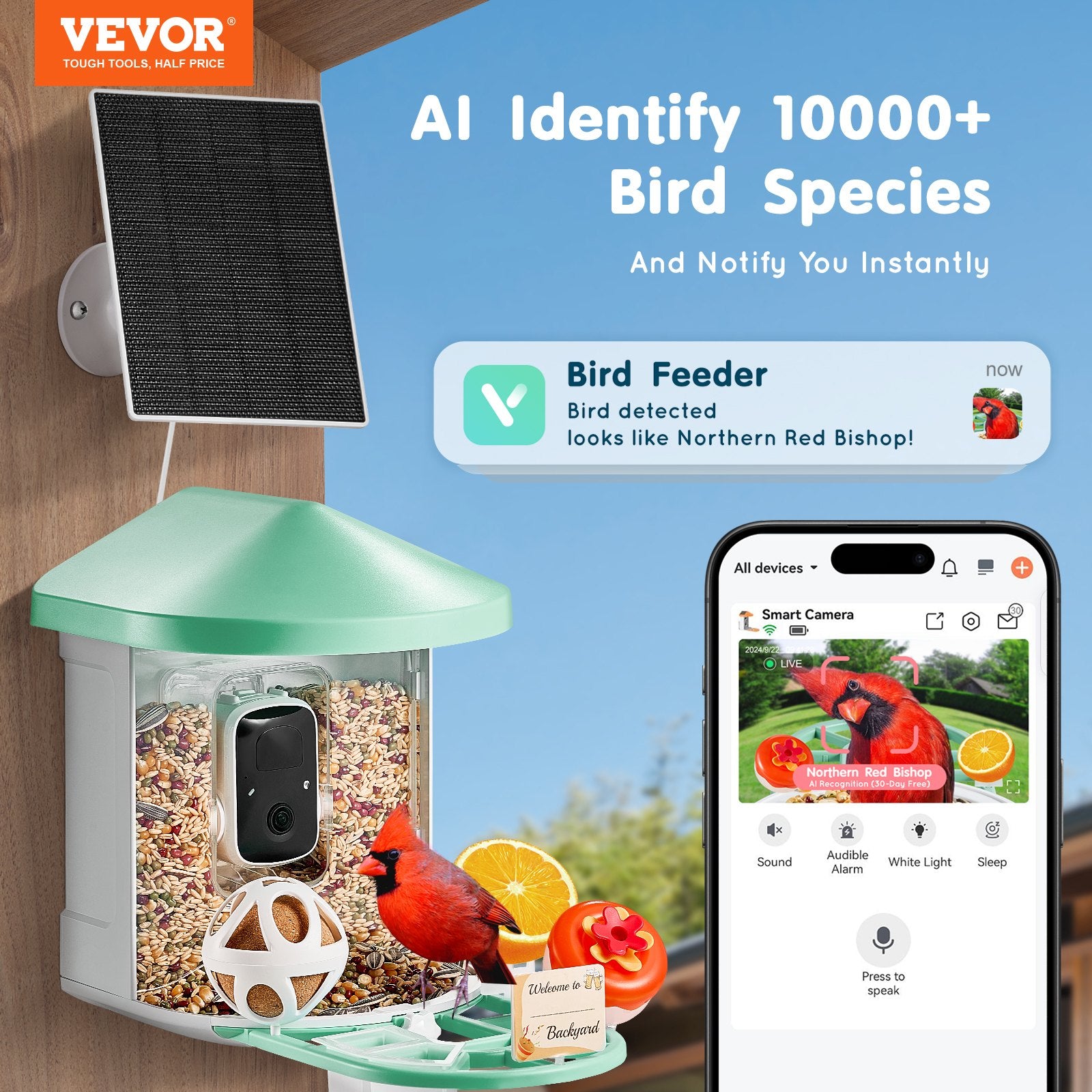 VEVOR Smart Bird Feeder avec caméra 2K HD AI Identifier les espèces d'oiseaux Capture automatique
