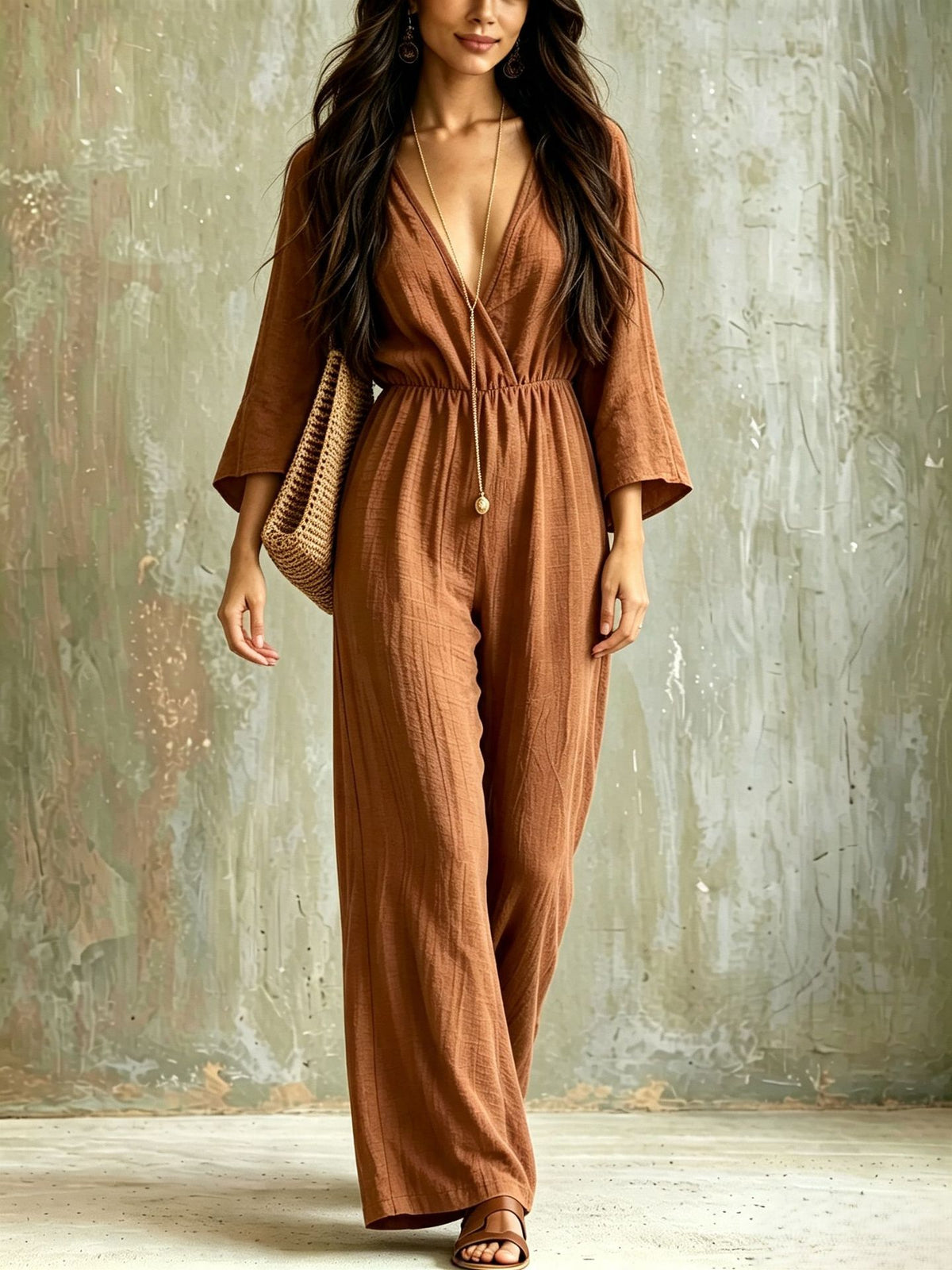 Costume de saut à large jambe de style bohème à col V