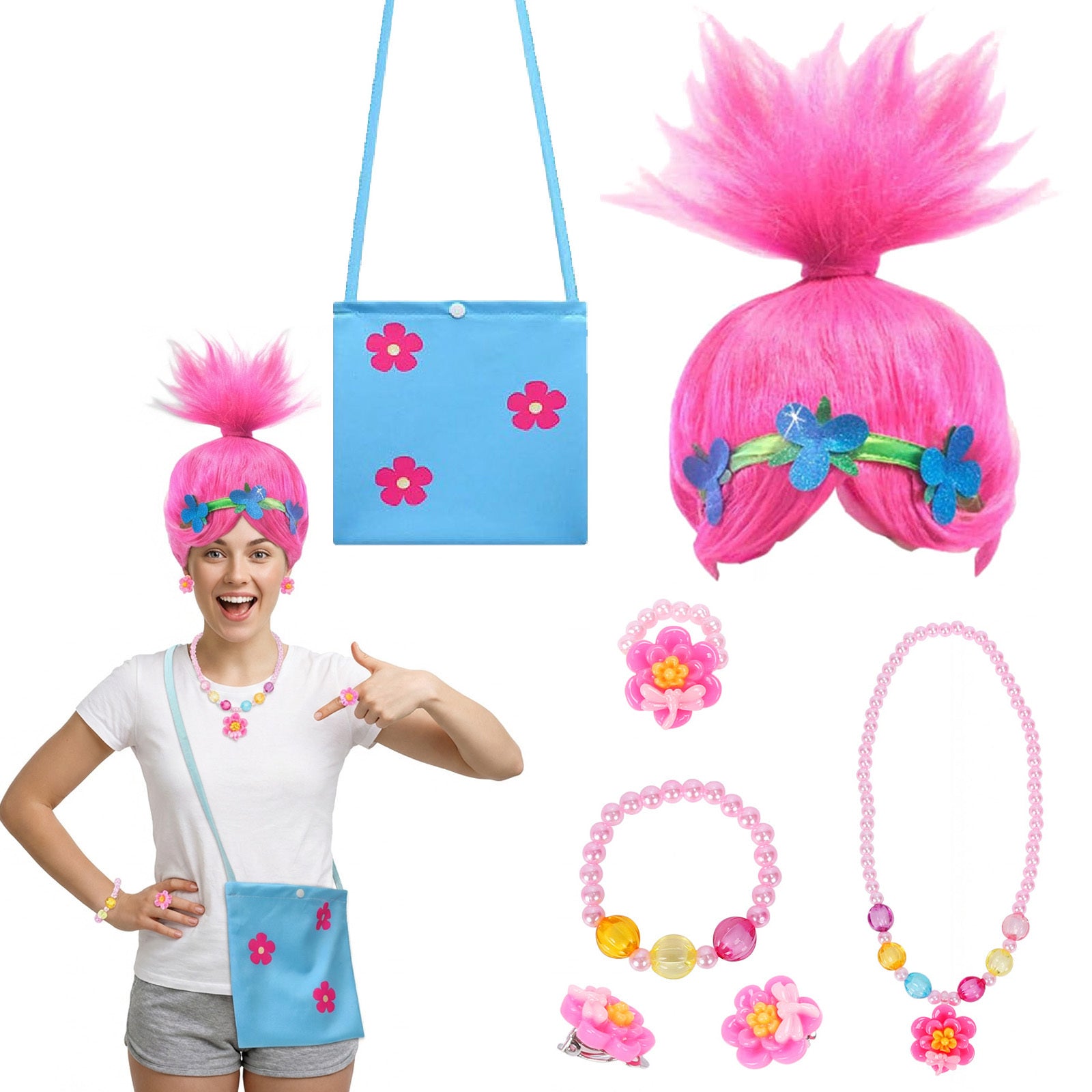 Ensemble de costumes de troll pour femmes avec perruque et sac