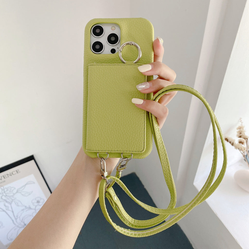 Motif Lychee Gauche et Droite Ouvert Miroir Beauté Étui de téléphone Lanyard