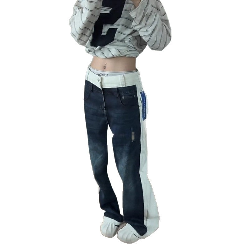 Hommes style américain Lavé bleu et blanc patchwork Denim Jeans