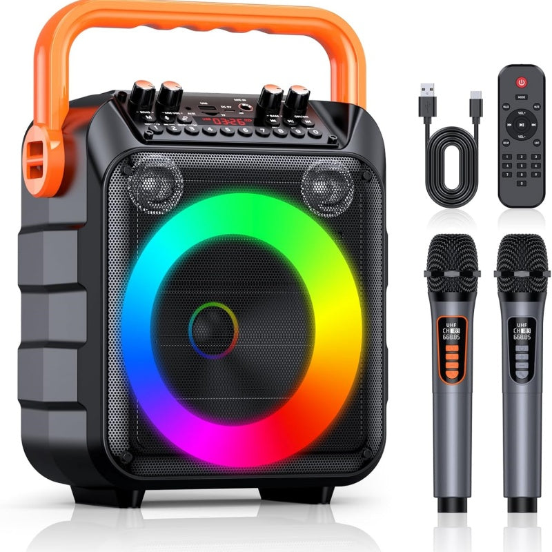 Machine à karaoké avec 2 microphones sans fil et lumières couleur RGB