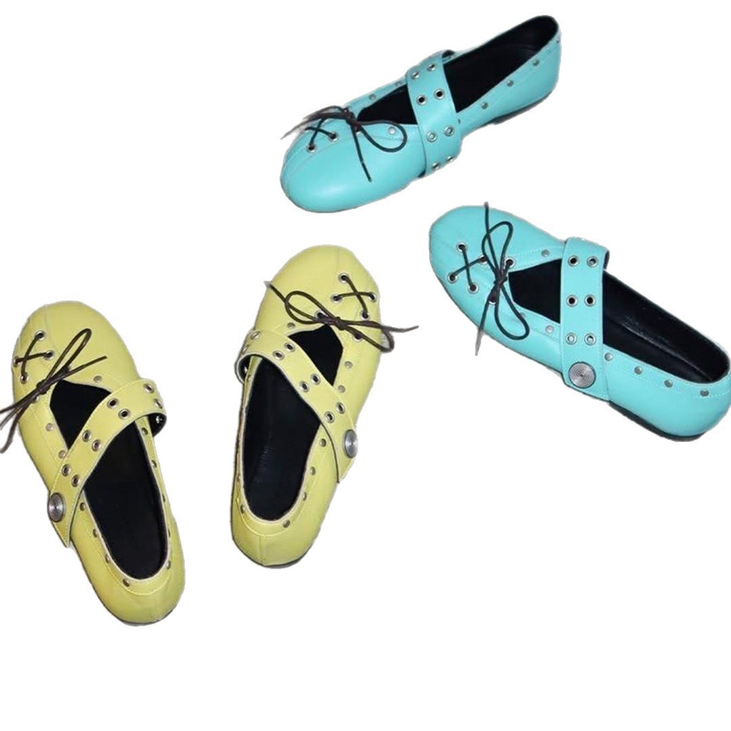 Rivet-Strap Ballet Flats Pour Femmes Chaussures en cuir Mary Jane à semelle ronde