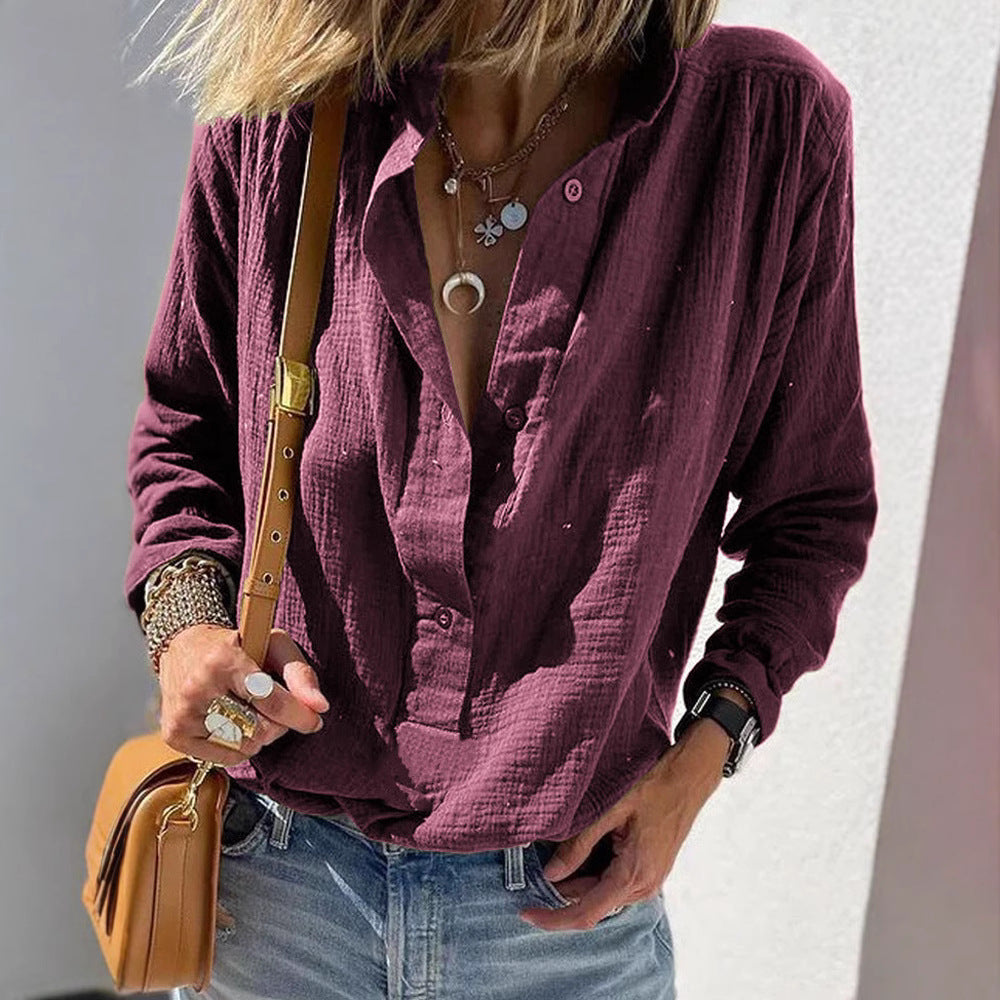 European and American Spring Women's Casual Loose Fashion Long Sleeve Cotton Chanvre Solid Co