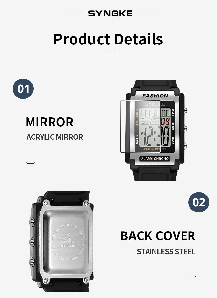 Rectangular waterproof retro sport electronic watch