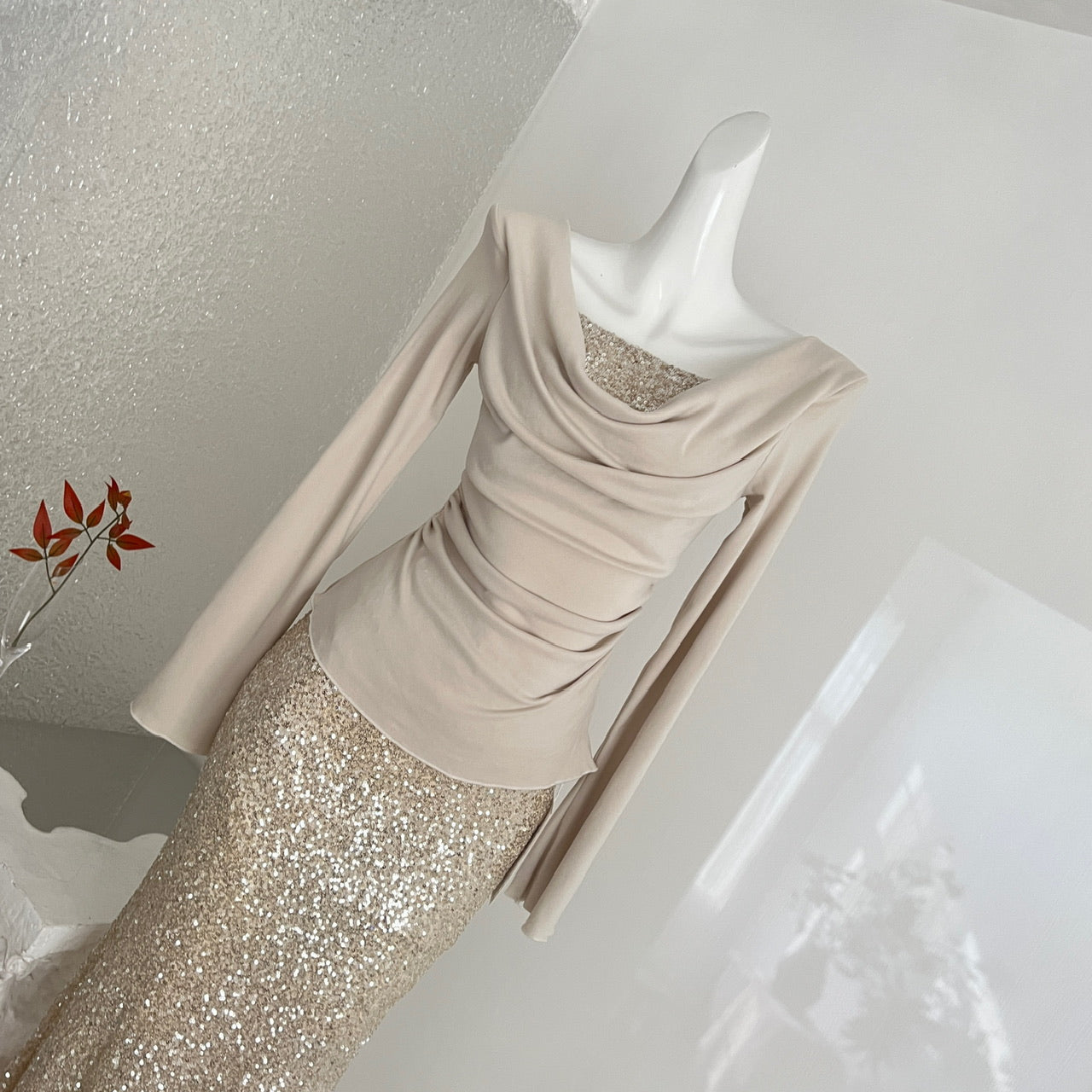 Ensemble de robes de soirée à deux pièces en paillet d'or de Champagne pour femmes Jupe de sirène enrobée formelle P