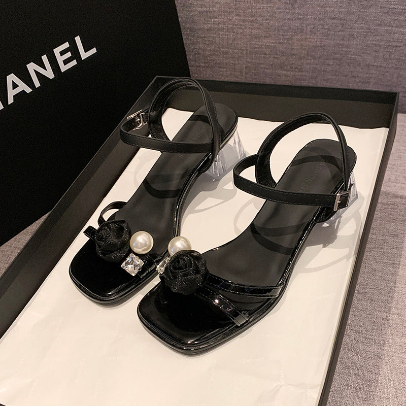 Femmes Argent Perle Florale Sangle de cheville Bloc talon Sandales