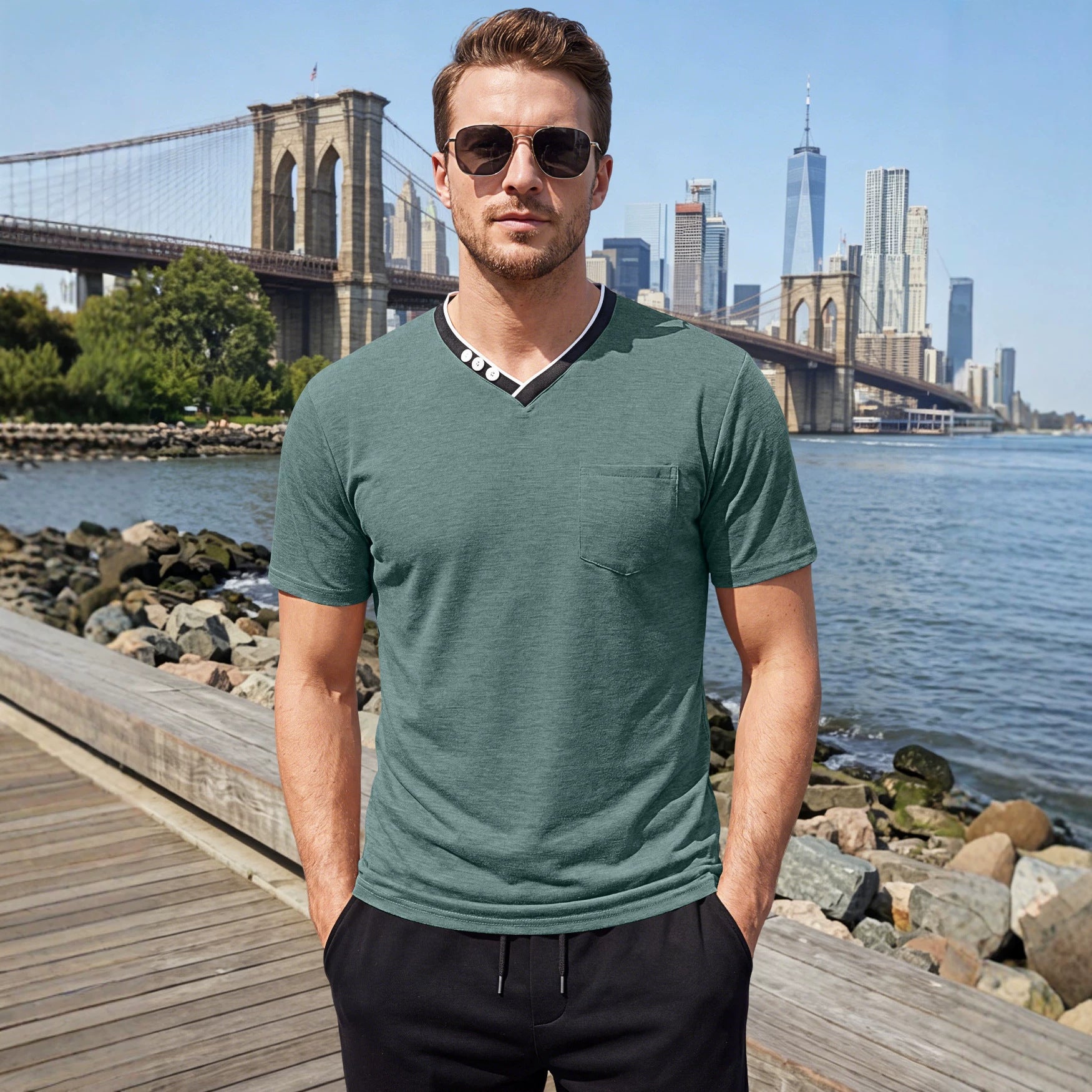 T-shirt à manches courtes Henry V-neck Hommes