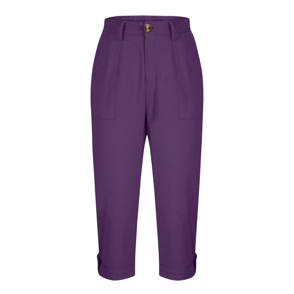 Vêtements de travail en couleur solide pour femmes Pantalons taille bouton Pantalons oreille Design Pantalons de jambes courbés pour femmes
