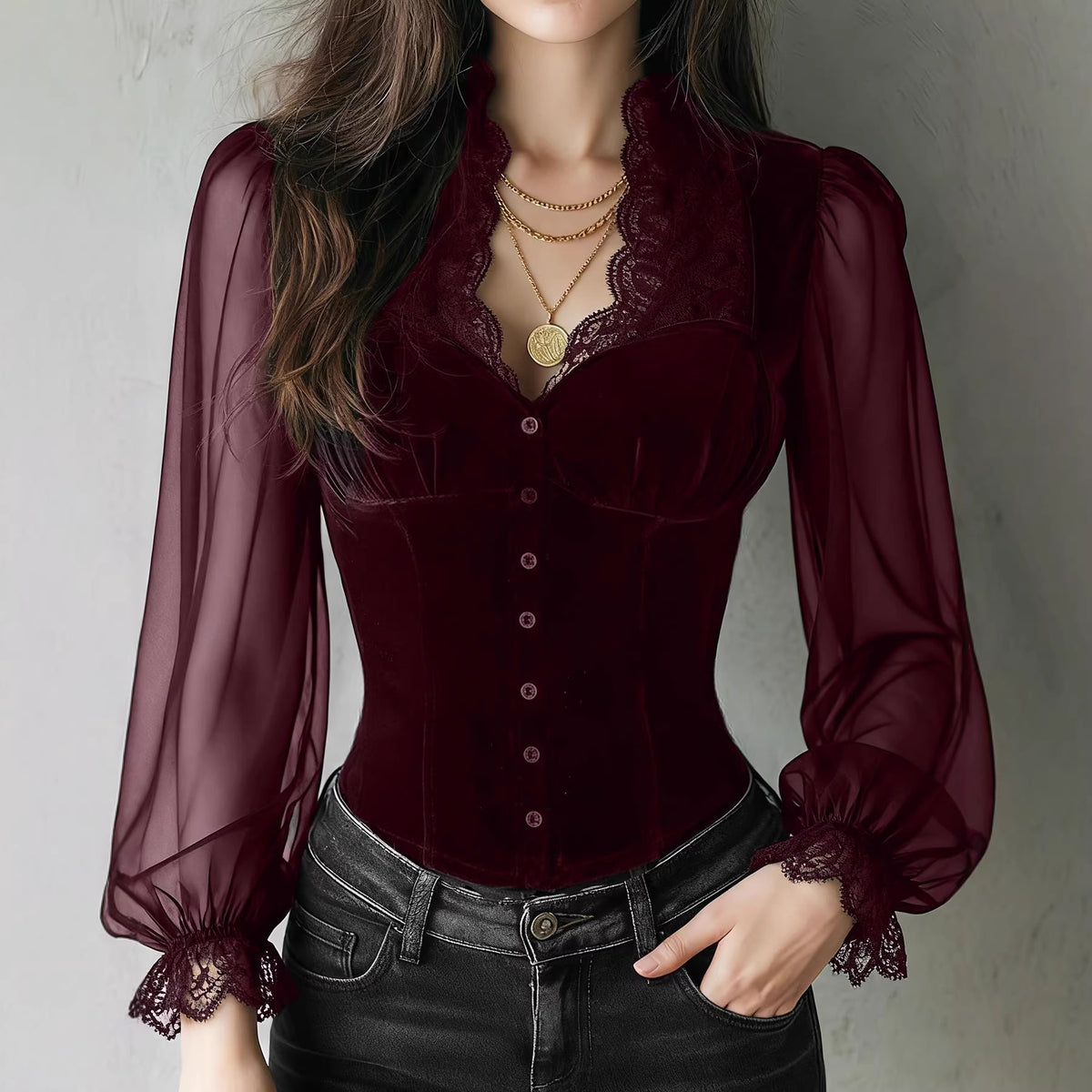 Chemise vintage en dentelle V-Neck pour femmes