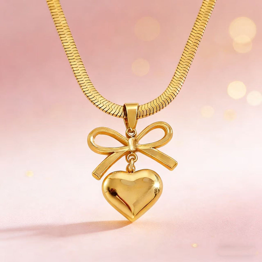 Femmes Bowknot 3D Puffy coeur bijoux Set Snake chaîne collier et boucles d'oreilles Stud 2Pcs Gold Si