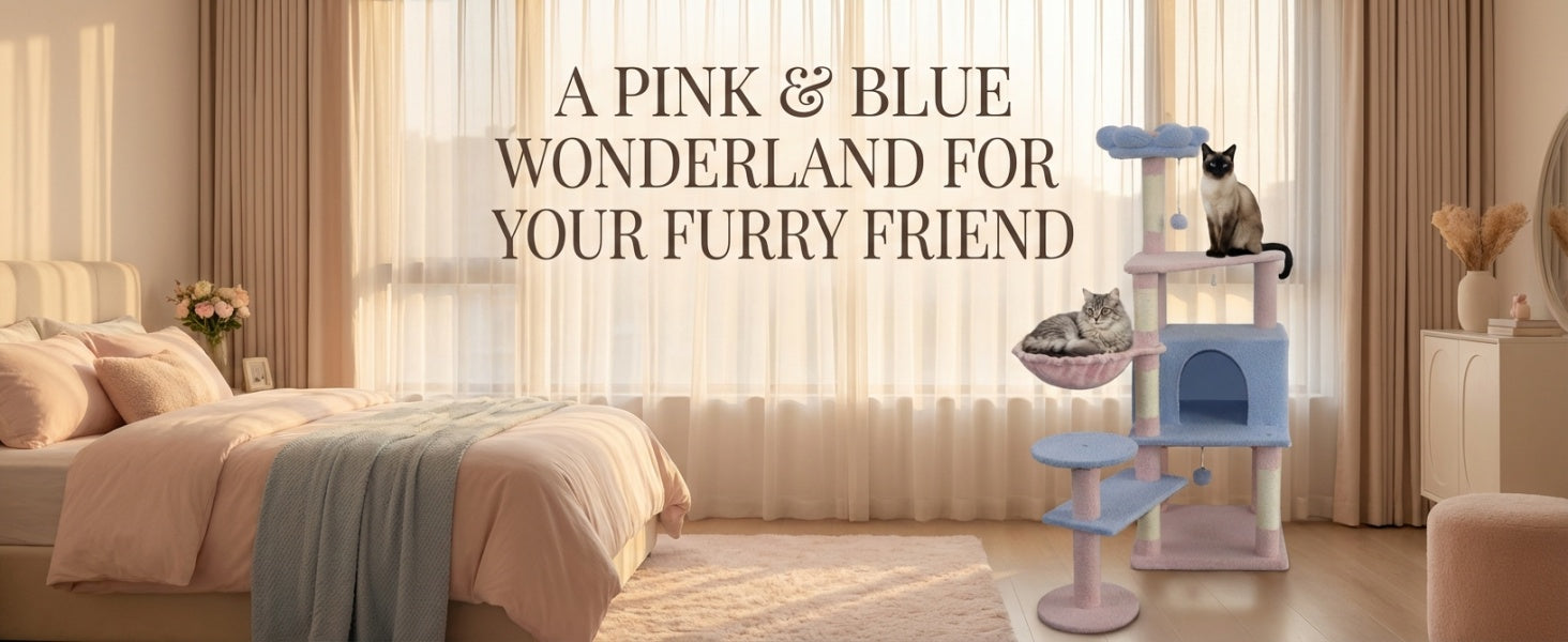 Arbre de chat fleur avec grand condo coussin de fleur amovible et hamac bleu