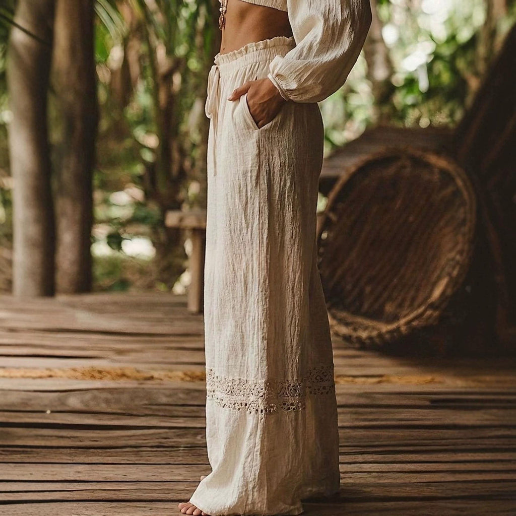 Pantalon en dentelle à large portée Beige High-wisted