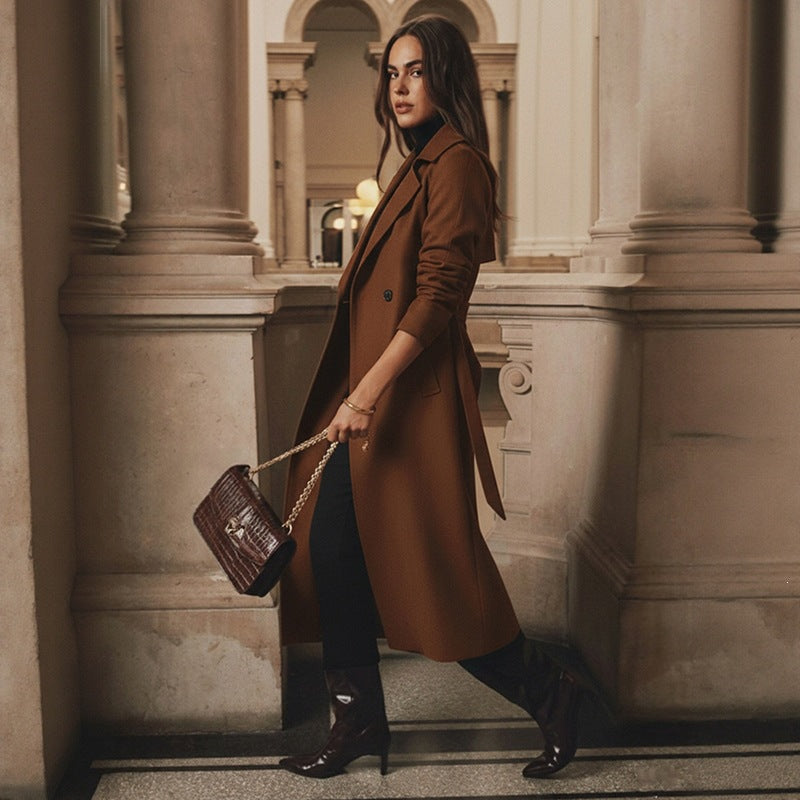 Russian European and American Style Long Coat Automne et hiver haut de gamme Elegant Tie Woole