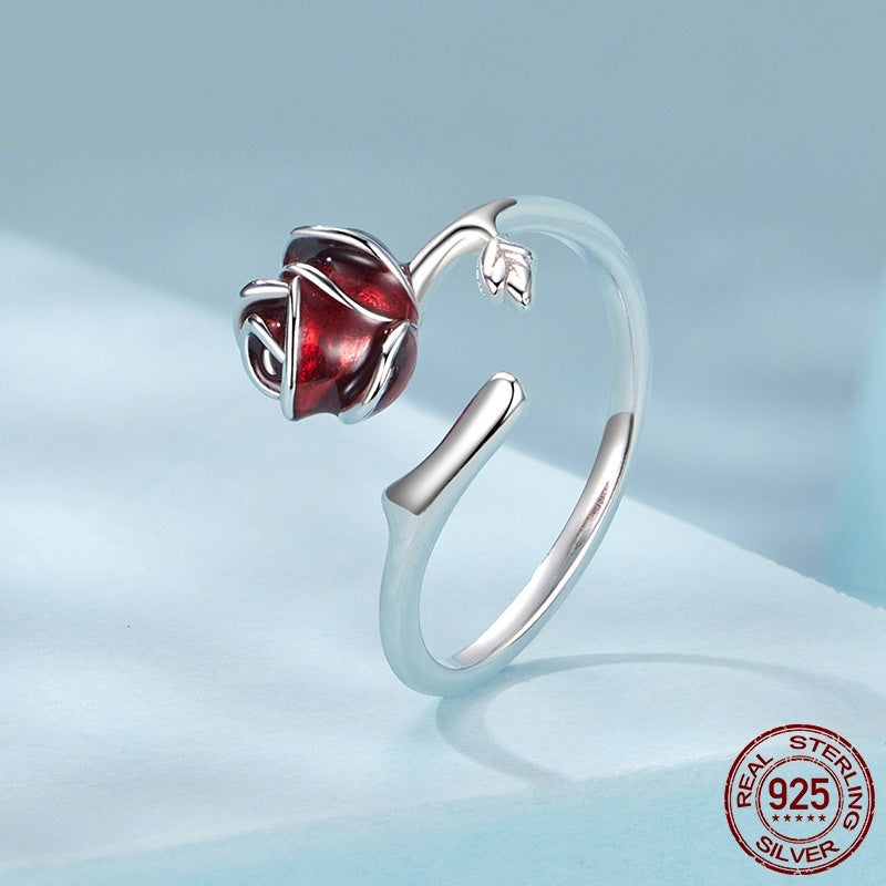 Vintage Rose Rouge Fleur 925 Argent Anneau ouvert réglable