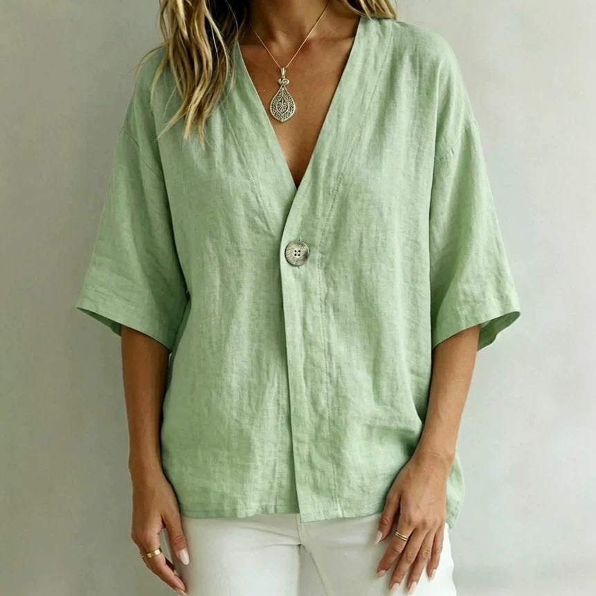 PrintempsÉté Femmes Casual Loose-Fit Solid-Color V-Neck Top avec Boutons