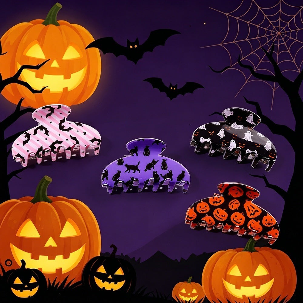 Clip de griffe de requin d'Halloween - Ghost Pumpkin Black Cat Print Hair Accessory for Women Girls P