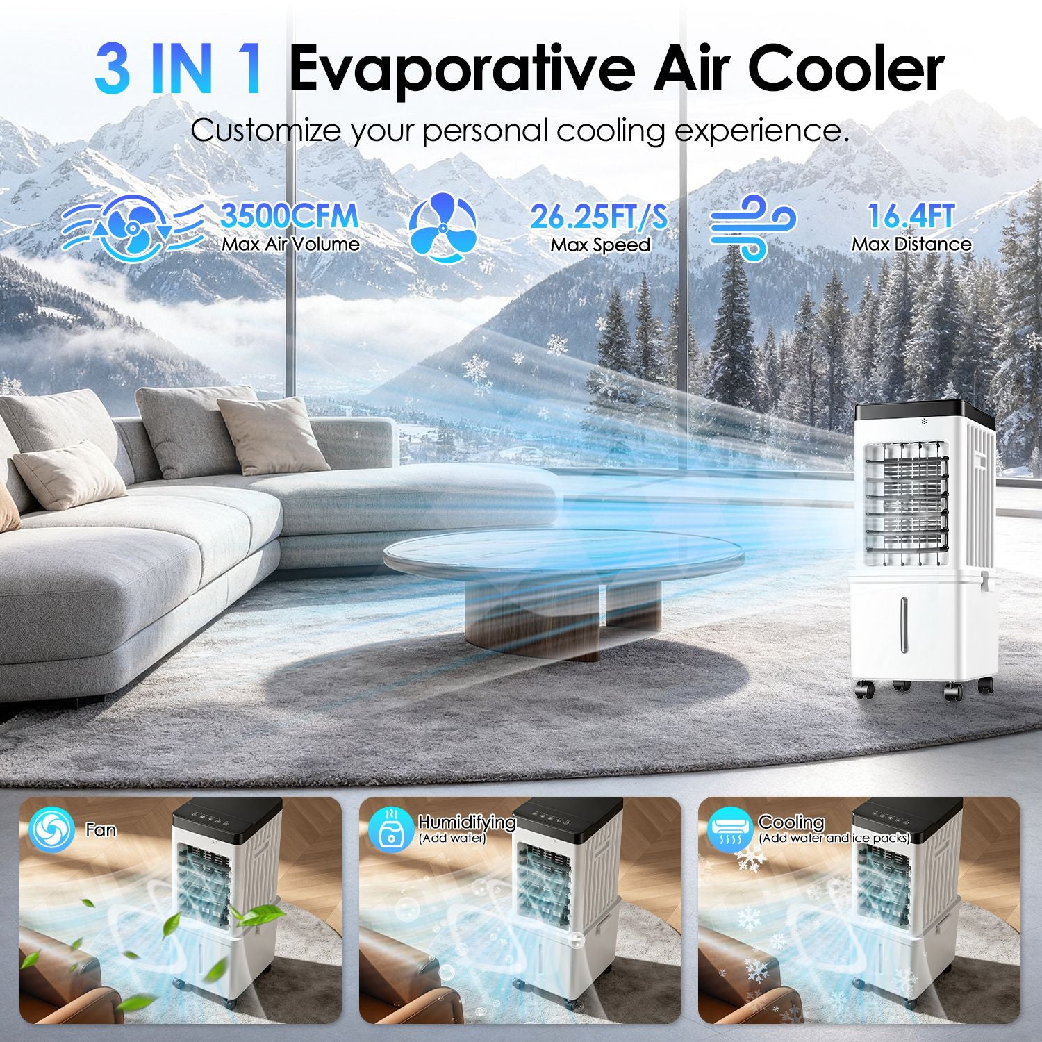 Ventilateur de refroidisseur d'air portable 12L Climatiseur par évaporation avec double touche de réservoir d'eau à 3 vitesses