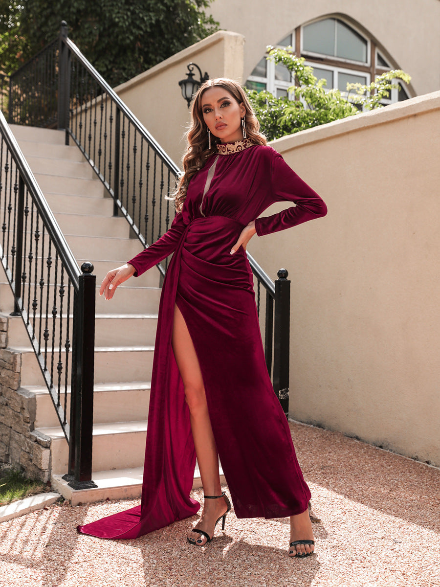 Robe de soirée sexy en velours haut cou pour femmes