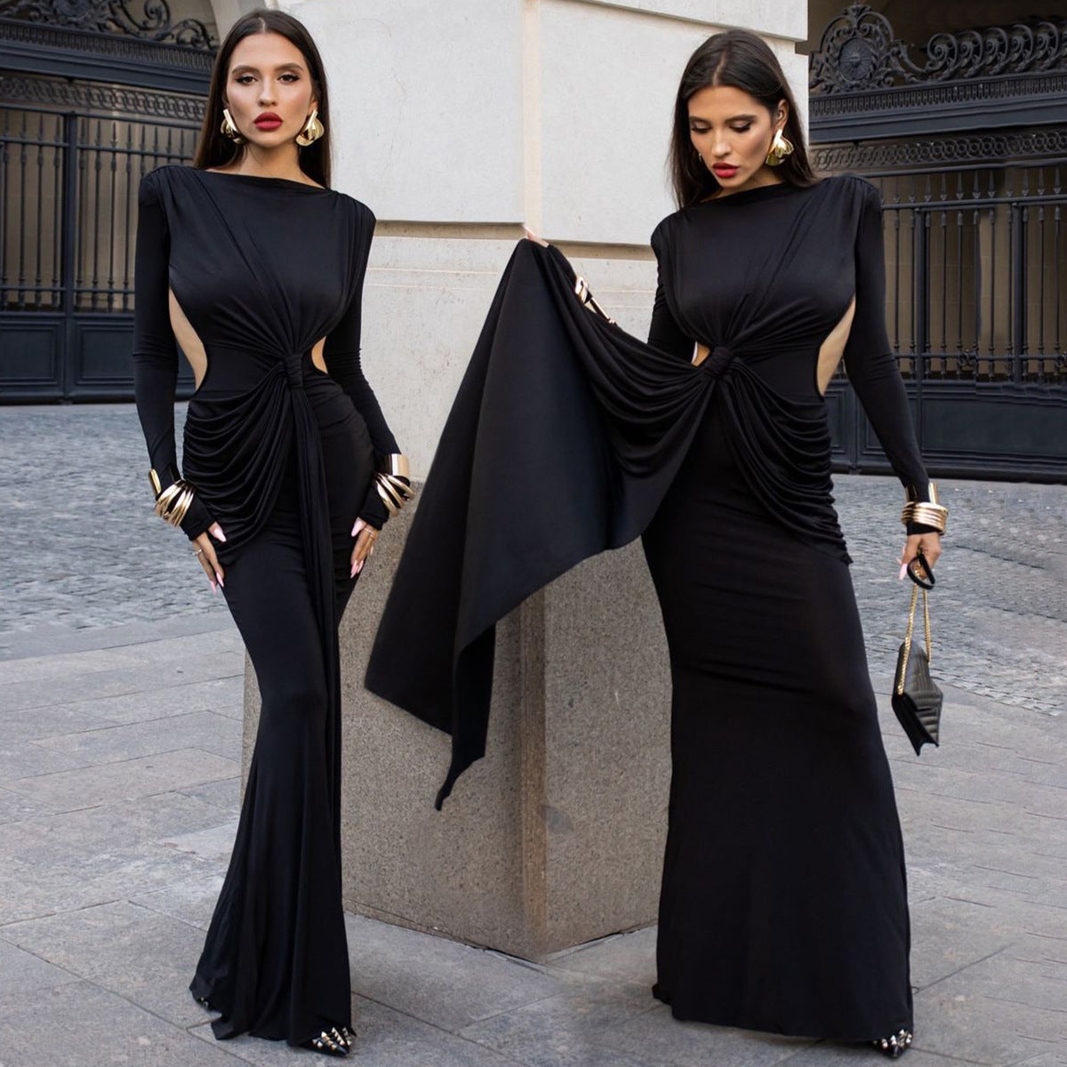 Femme Sexy Girl Retour Robe à manches longues minces