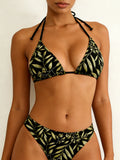 Été Femmes Plantes Tropical Feuille Imprimer Bikini Deux Pièces Maillot Alter Collier Triangle B