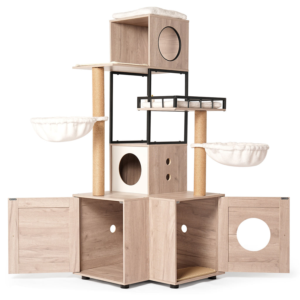 Arbre à chat multifonctionnel de 63" avec boîte à litière - Comprend un coussin lavable amovible