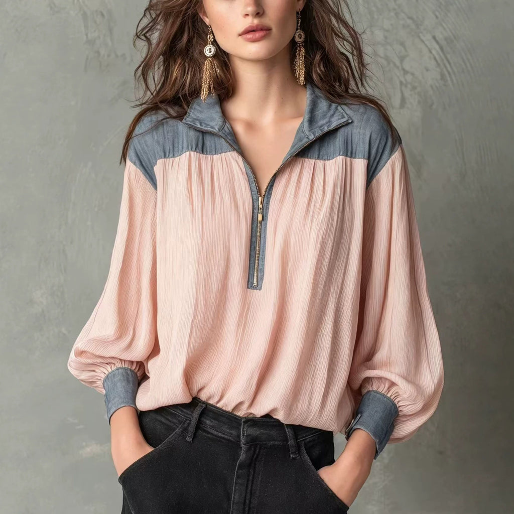 Chemise casual femme à manches longues avec une fermeture éclair et manches de puff