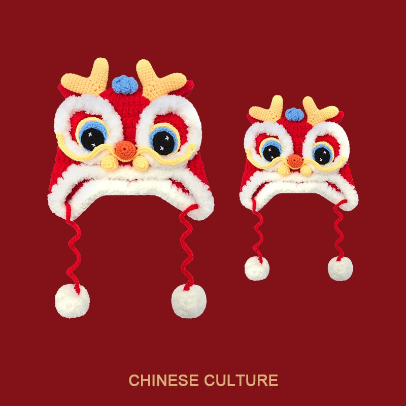 Dragon Année Chapeau rouge chinois tricoté Tigre Tête Chapeau bébé chinois Année célébration Joyous Xi