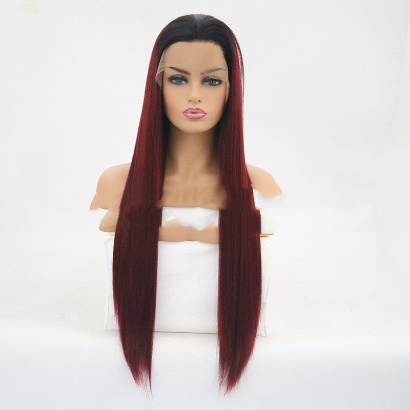 Burgundy Trellis avec tête en fibre chimique longue droite cheveux