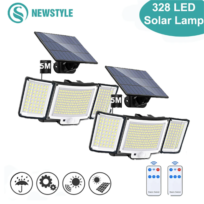 1,2 Pack Solar Lights Outdoor 348 LED Motion Sensor Lights With Remote Control 3 Head Wate