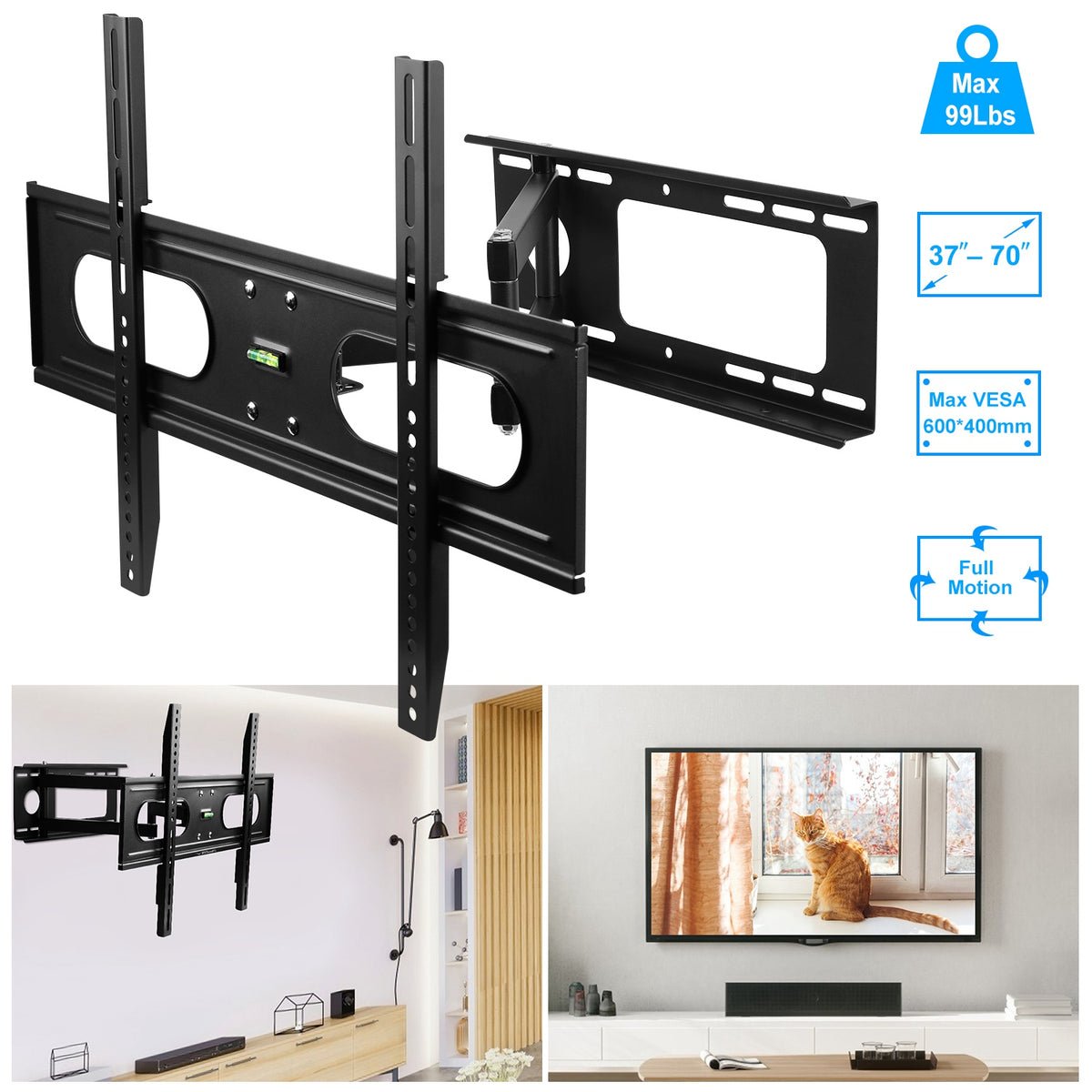 1Pc Full Motion TV Wall Mount Swivel Tilt TV Wall Rack Support 37in to 70in TV Wall Mount