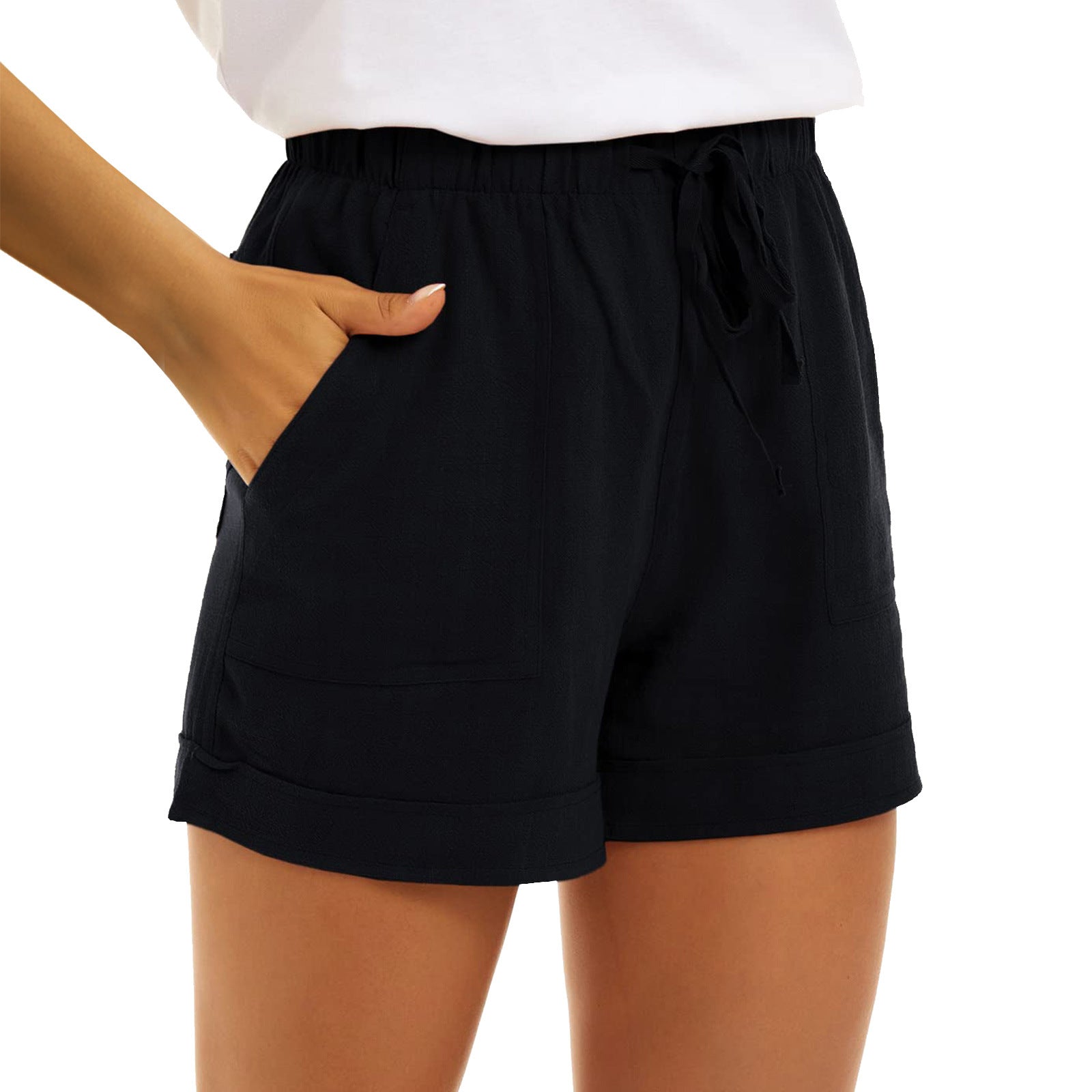 Vente Ladies Solid Color Cotton Lin Pocket Strap High Waist Casual Short