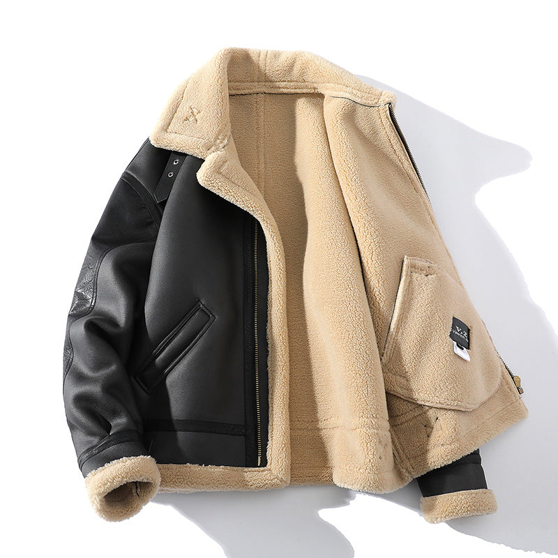 Manteau en cuir de mouton court épais doublé de polaire d'hiver
