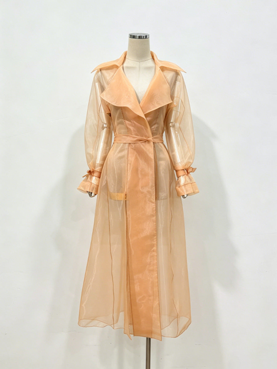Sheer Organza Trench-Style Maxi Coat
