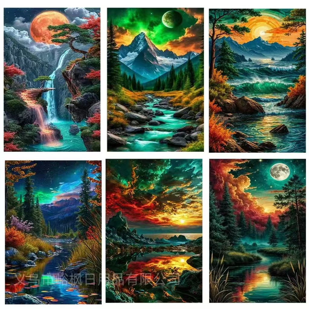 Peinture diamant 5D sur le thème du paysage Bricolage entièrement pavé avec des Strass ronds